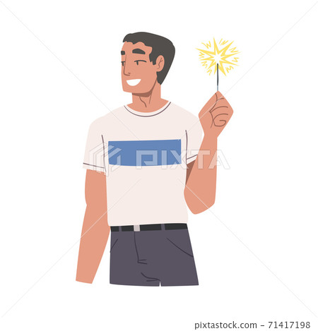 Smiling Man Holding Burning Sparkler, Guy in Joyful Mood Celebrating Holiday Cartoon Style Vector Illustratio 71417198