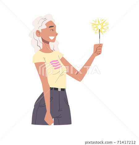 Young Woman Holding Burning Sparkler, Side View of Happy Blonde Girl in Joyful Mood Celebrating Christmas, New Year or Birthday Holiday Cartoon Style Vector Illustration Young Woman Holding Burning Sparkler, Side View of Happy Blonde Girl in Joyful Mood Celebrating Christmas, New Year or Birthday Holiday Cartoon Style Vector Illustration 71417212