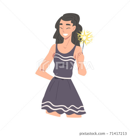 Young Woman Holding Burning Sparkler, Happy Brunette Girl Celebrating Christmas, New Year or Birthday Holiday Cartoon Style Vector Illustration Young Woman Holding Burning Sparkler, Happy Brunette Girl Celebrating Christmas, New Year or Birthday Holiday Cartoon Style Vector Illustration 71417213