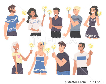 People Holding Burning Sparklers Set, Smiling Guys and Girls Celebrating Christmas, New Year or Birthday Holidays Cartoon Style Vector Illustration People Holding Burning Sparklers Set, Smiling Guys and Girls Celebrating Christmas, New Year or Birthday Holidays Cartoon Style Vector Illustration 71417219