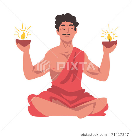 Indian Man with Glowing Candles in his Hands Meditating in Lotus Position, People Celebrating Diwali Hindu Holiday Light Festival Cartoon Style Vector Illustration 71417247