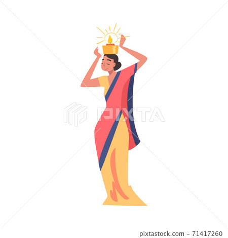 Indian Young Woman in Traditional Clothes with Candle on her Head, People Celebrating Diwali Hindu Holiday Light Festival Cartoon Style Vector Illustration 71417260