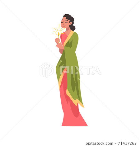 Indian Young Woman in Traditional Clothes with Candle, People Celebrating Diwali Hindu Holiday Cartoon Style Vector Illustration 71417262