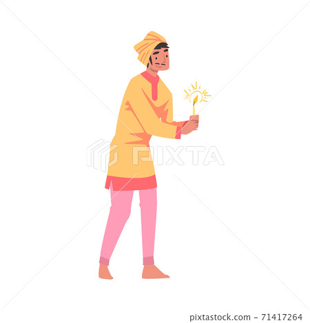 Indian Man in Traditional Clothes with Glowing Candle in Candlestick, People Celebrating Diwali Hindu Holiday Light Festival Cartoon Style Vector Illustration 71417264