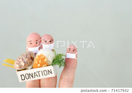 Fingers art of family with face mask. Man and woman holding donation box with food. Fingers art of family with face mask. Man and woman holding donation box with food. 71417932