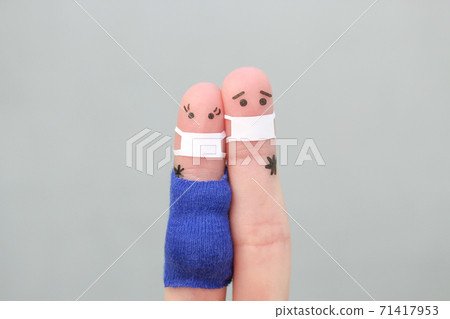 Fingers art of couple in medical mask from COVID-2019. Woman is pregnant. Fingers art of couple in medical mask from COVID-2019. Woman is pregnant. 71417953
