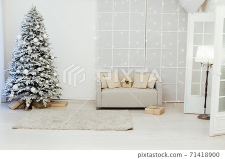 White snowy Christmas tree decor home New Year postcard 71418900