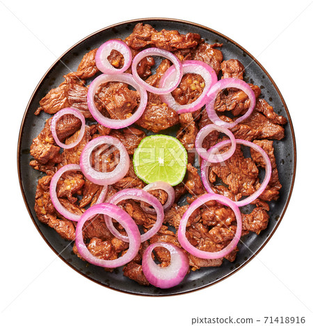 Bistek Tagalog or Bistec Encebollado isolated on white. Filipino  cuisine beef steak 71418916