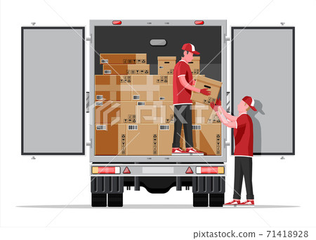 Truck trailer loaded with cardboard boxes by mover 71418928
