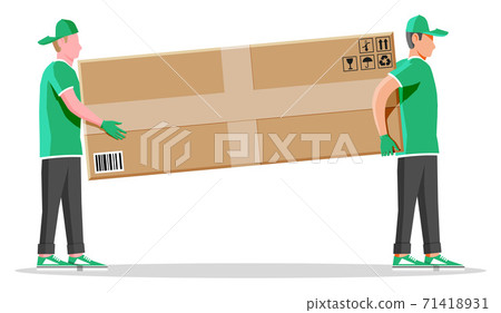 Two workers mover man carrying cardboard box. 71418931