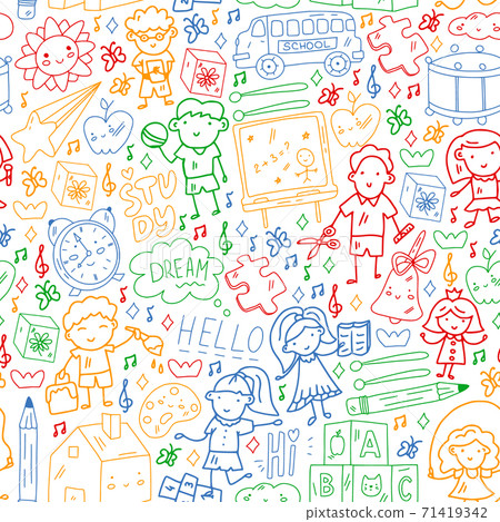 Vector pattern. School and online education. Little boys and girls play and grow together. 71419342