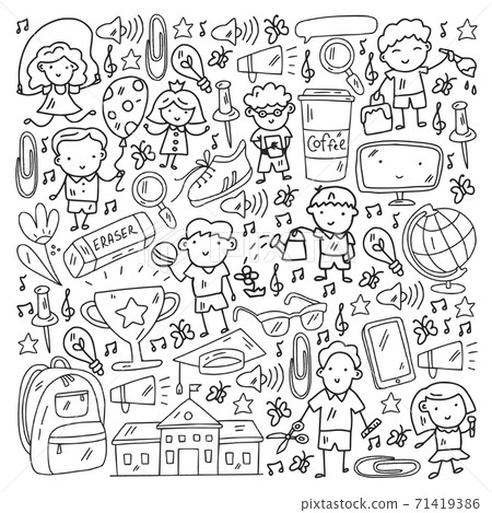 Vector pattern with items for school. Online internet education, e-learning. 71419386