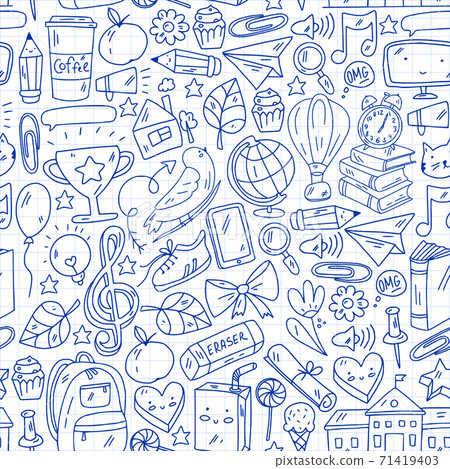 Vector illustration. Back to school seamless vector pattern. Textile fabric design, wrapping paper and website wallpapers. Vector illustration. Back to school seamless vector pattern. Textile fabric design, wrapping paper and website wallpapers. 71419403