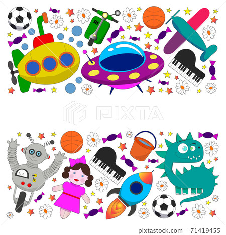 Vector pattern with toys for kids. Car, ufo, alien, airplane, teddy bear. 71419455