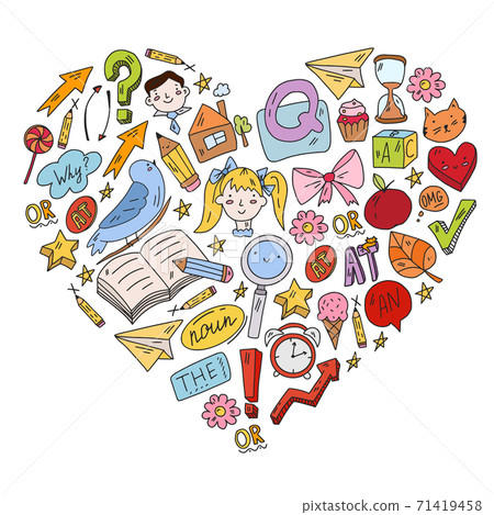 Back to school. Vector illustration with icons about education. English learning. Online internet courses. 71419458