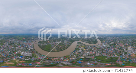 360 panorama by 180 degrees angle seamless panorama of aerial view of buildings with curve of Chao Phraya River. Cha Choeng Sao skyline near Bangkok, Urban city in downtown area at sunset, Thailand. 71421774