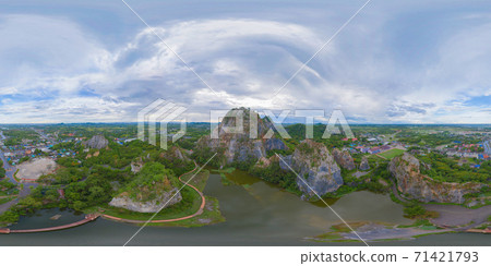 360 panorama by 180 degrees angle seamless panorama of aerial view of Khao Ngu Stone. National park with river lake, mountain valley hills, and green forest trees at sunset in Ratchaburi, Thailand. 71421793