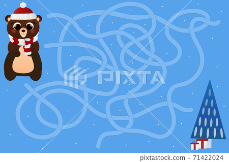 Educational labyrinth game for children, help bear character to find way to christmas tree and gifts, path riddle 71422024