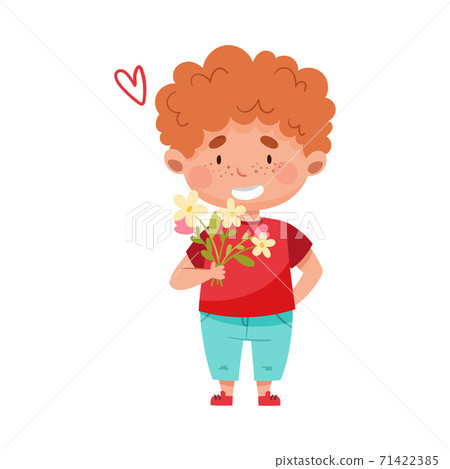 Embarrassed Boy Character Standing and Holding Flower Bouquet Vector Illustration Embarrassed Boy Character Standing and Holding Flower Bouquet Vector Illustration 71422385