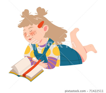 Interested Girl Character Lying with Open Book and Reading Vector Illustration 71422511