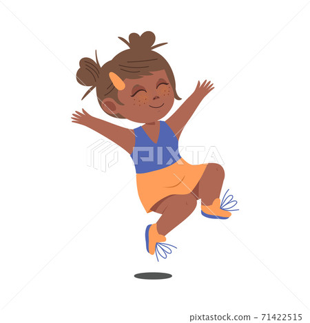 Cheerful Girl with Freckles and Dark Hair Jumping with Joy and Excitement Vector Illustration 71422515