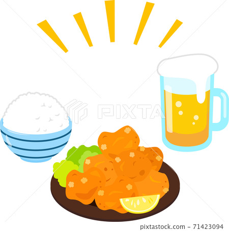 Large fried chicken, rice, beer, unhealthy Large fried chicken, rice, beer, unhealthy 71423094