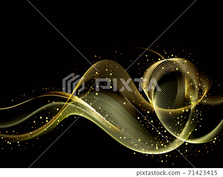 Gold wave design element with glitter effect on dark background. Gold wave design element with glitter effect on dark background. 71423415