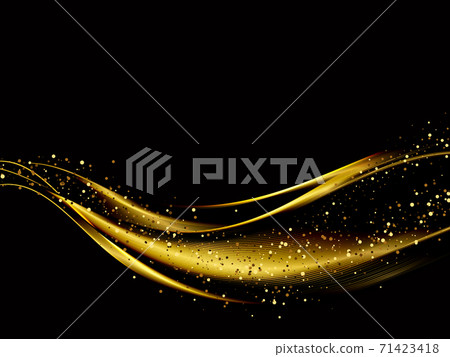 Gold wave design element with glitter effect on dark background. Gold wave design element with glitter effect on dark background. 71423418