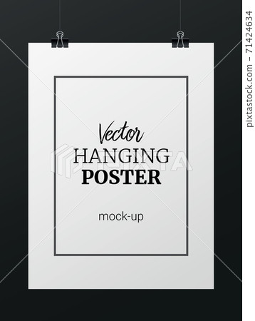 Vector realistic vertical hanging poster mock up for your design or picture on dark background Vector realistic vertical hanging poster mock up for your design or picture on dark background 71424634