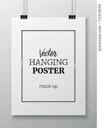 Vector realistic hanging poster mock up for your design or picture on grey wall background Vector realistic hanging poster mock up for your design or picture on grey wall background 71424636