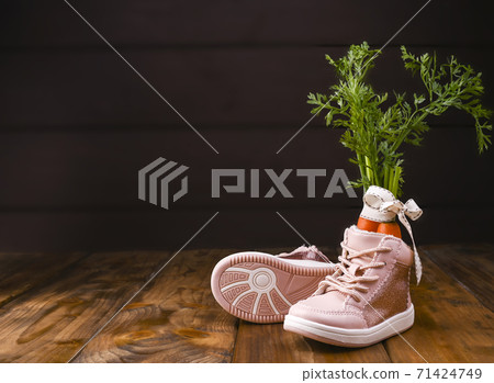 Wooden background with childrens shoe with carrots for Santa's horse, Traditional Dutch holiday Wooden background with childrens shoe with carrots for Santa's horse, Traditional Dutch holiday 71424749