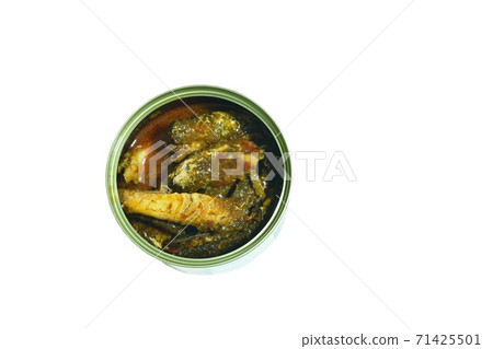 spicy sardines or mackerel fish in tin can on white background spicy sardines or mackerel fish in tin can on white background 71425501