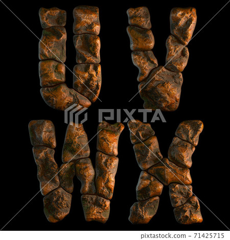 Set of rocky letters U, V, W, X. Font of stone on black background. 3d Set of rocky letters U, V, W, X. Font of stone on black background. 3d 71425715