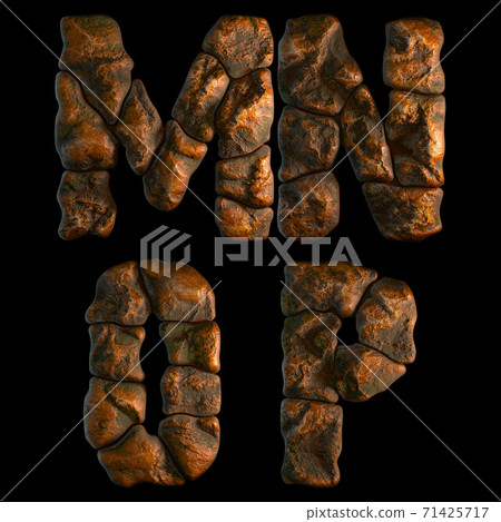 Set of rocky letters M, N, O, P. Font of stone on black background. 3d 71425717