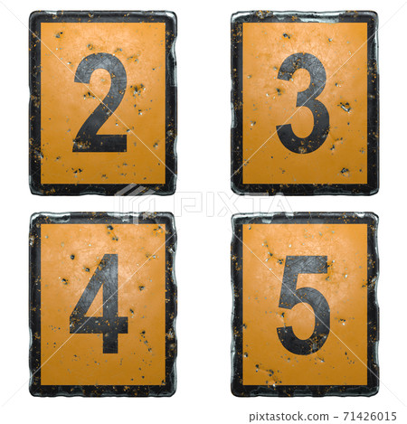 Set of numbers 2, 3, 4, 5 made of public road sign orange and black color on white background. 3d Set of numbers 2, 3, 4, 5 made of public road sign orange and black color on white background. 3d 71426015