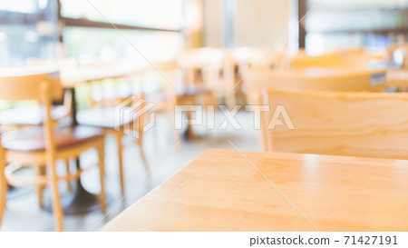 Modern interior of coffee shop with selective focusing  on wooden top table for montage product display 71427191