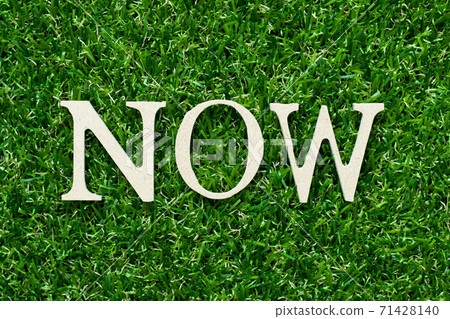 Wood alphabet letter in word now on green grass background Wood alphabet letter in word now on green grass background 71428140