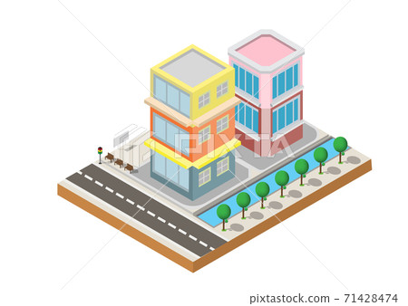 Isometric Building vector. Two building on Yard with road. building 3d , smart city, Vector office and town apartment concept Isometric Building vector. Two building on Yard with road. building 3d , smart city, Vector office and town apartment concept 71428474