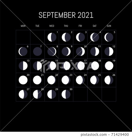 Moon phases calendar for 2021 year. September. Night background design. Vector illustration Moon phases calendar for 2021 year. September. Night background design. Vector illustration 71429400