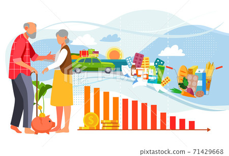 Drop in income for seniors concept. Old man with a cane and old woman. Graph shows a drop in income and a deterioration in living standards. Vector illustration Drop in income for seniors concept. Old man with a cane and old woman. Graph shows a drop in income and a deterioration in living standards. Vector illustration 71429668