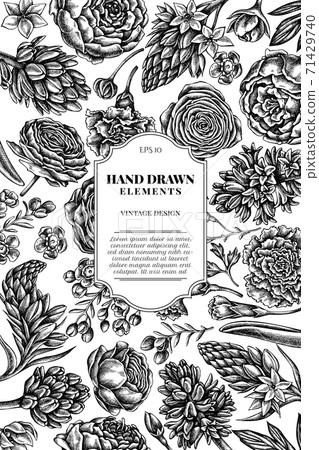Card design with black and white peony,... - Stock Illustration ...