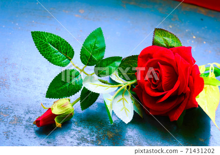 Red rose flower on rustic floor. Nature still life 71431202