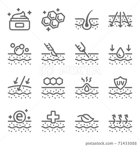 Skin icon illustration vector set. Contains such icon as Treatment, Moisture, Dermatology, Skincare, Botox, and more. Expanded Stroke 71433088