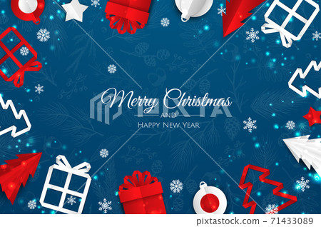 Christmas vector background. Creative design greeting card, banner, poster. Top view xmas decoration balls and snowflakes. 71433089