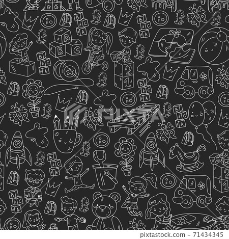 Seamless pattern. Children play with toys in the kindergarten. Kids playground. Education, creativity, imagination. 71434345