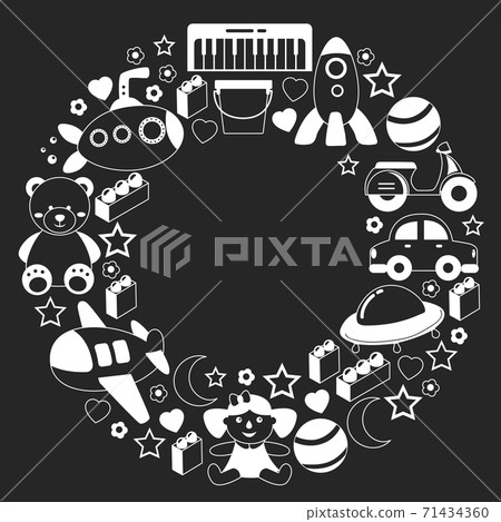 Vector pattern with the collection of toys. Doll, submarine, plane, ship. Children and kindergarten illustration. 71434360