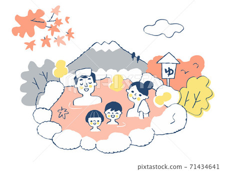 A family of four soaking in a hot spring 71434641