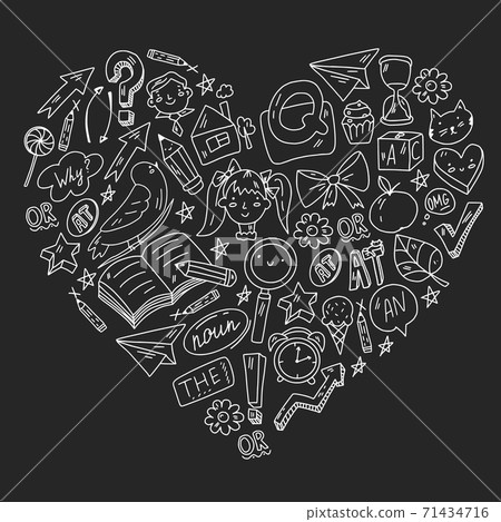 Back to school. Vector illustration with icons about education. English learning. Online internet courses. 71434716