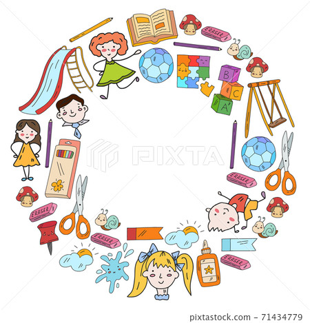 Kindergarten. Vector frame and pattern with toys and small children. Preschool education. 71434779