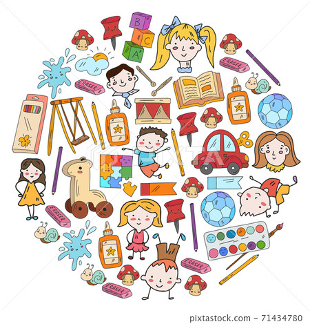 Kindergarten. Vector pattern with toys and small children. Preschool education. 71434780